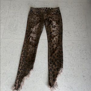 R13 leopard distressed jeans w/ fringe uneven hem